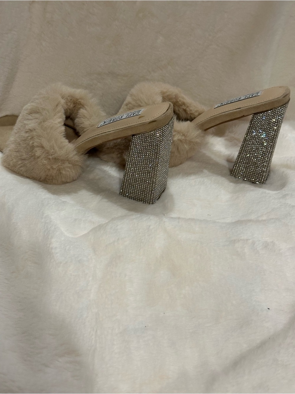 Cape Robbin Tan Faux-Fur Slide Heels with Rhinestone Block Heel - Picture 5 of 6